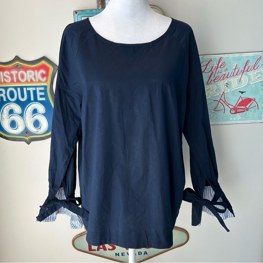 Jane & Delancey Navy Tie Sleeve Blouse Bow Cuff Top 3/4 Sleeve Office Preppy